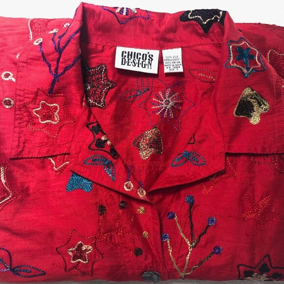 Chicos Design Tops - Chico's 2 Design Women's (L/12) Red Silk Gold Floral Embroidered Blouse Top L/S